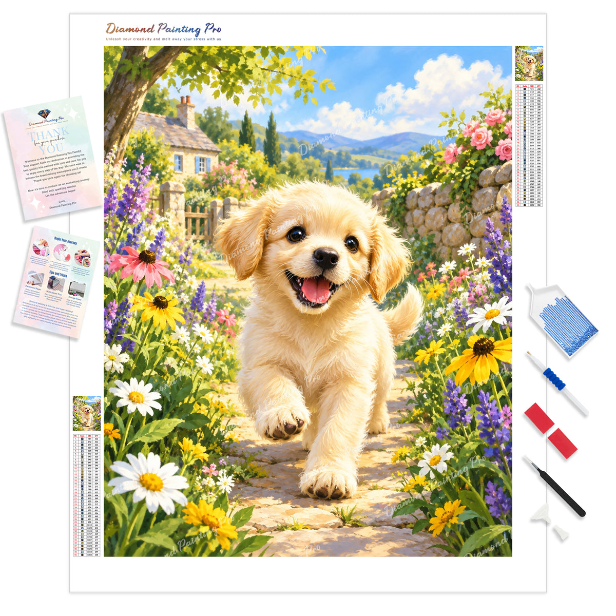 Sunlit Puppy Trot Diamond Painting Kit - Full Drill / Square or Round Diamonds with AB Drills Option