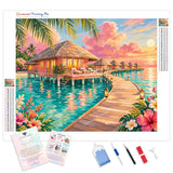 Sunset Water Villas Diamond Painting Kit - Full Drill / Square or Round Diamonds with AB Drills Option