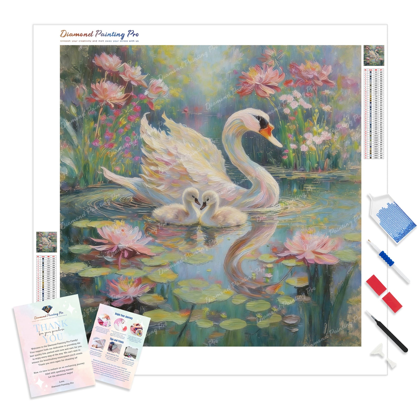 Swans and Water Lilies Diamond Painting Kit - Full Drill / Square or Round Diamonds with AB Drills Option