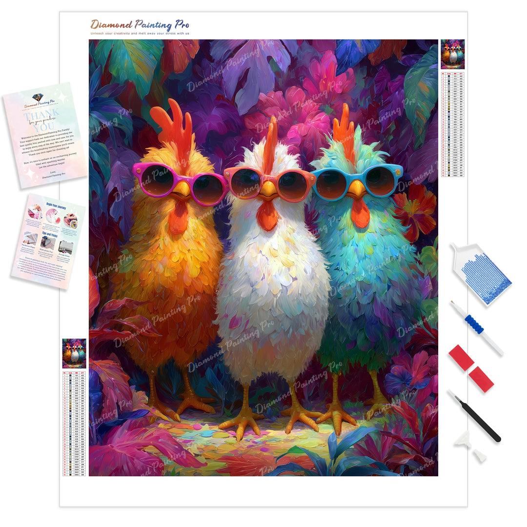 Three Cool Chickens Diamond Painting Kit - Full Drill / Square or Round Diamonds with AB Drills Option