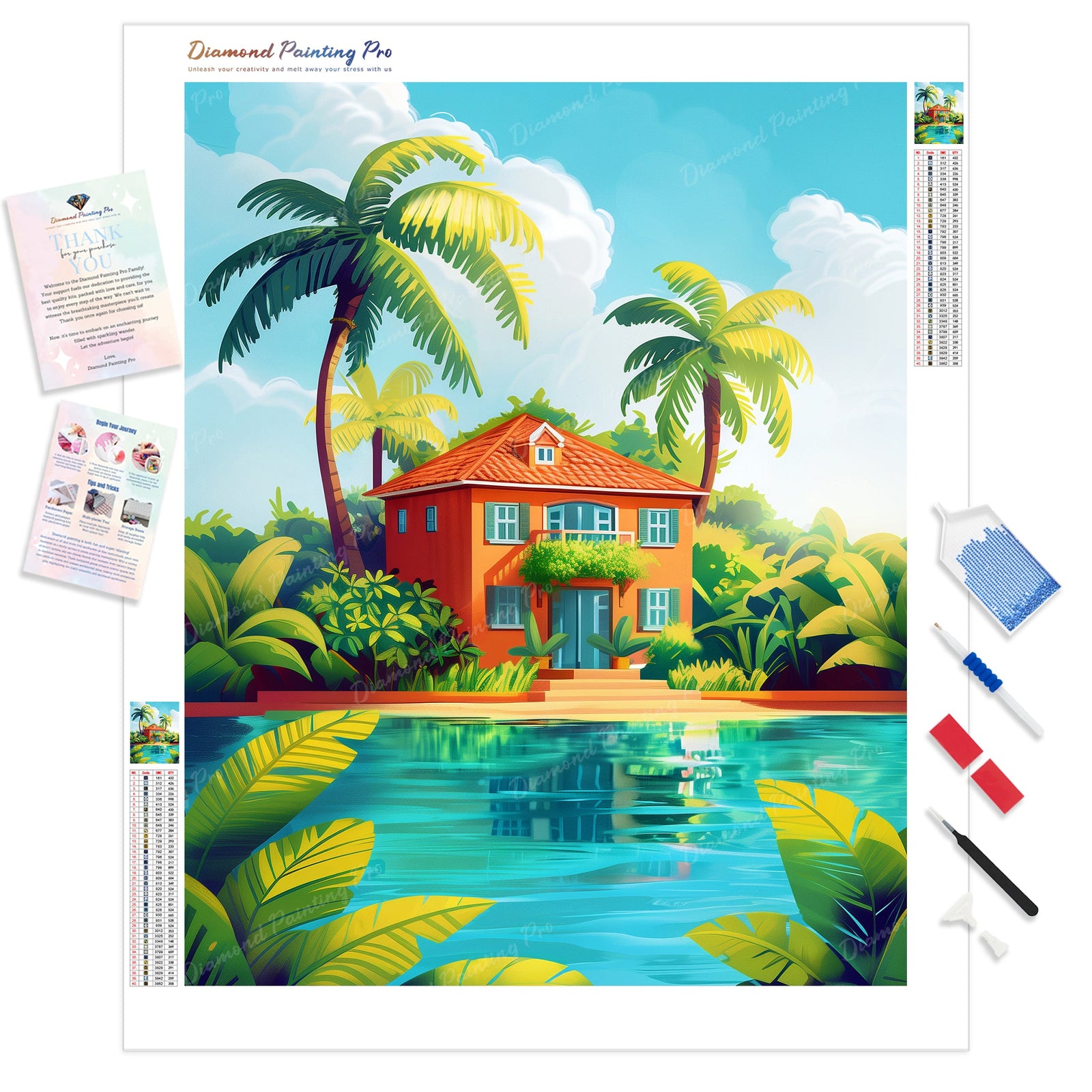 Tropical Lakeside House | Diamond Painting Kit - Full Drill - Square or Round Diamonds with AB Drills Option