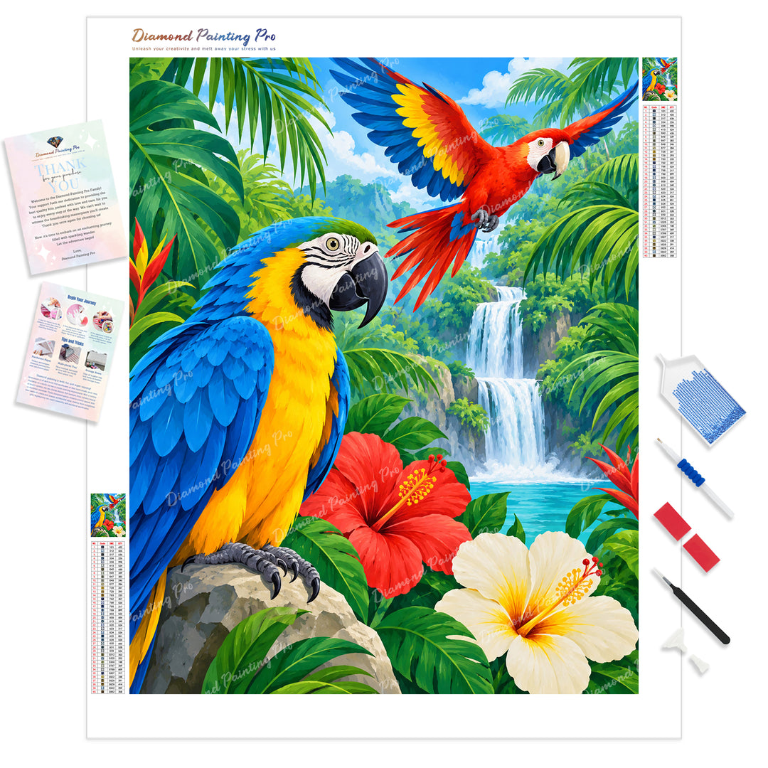Tropical Paradise Macaw Diamond Painting Kit - Full Drill / Square or Round Diamonds with AB Drills Option