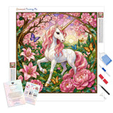 Unicorn in Rose Bloom Diamond Painting Kit - Full Drill / Square or Round Diamonds with AB Drills Option