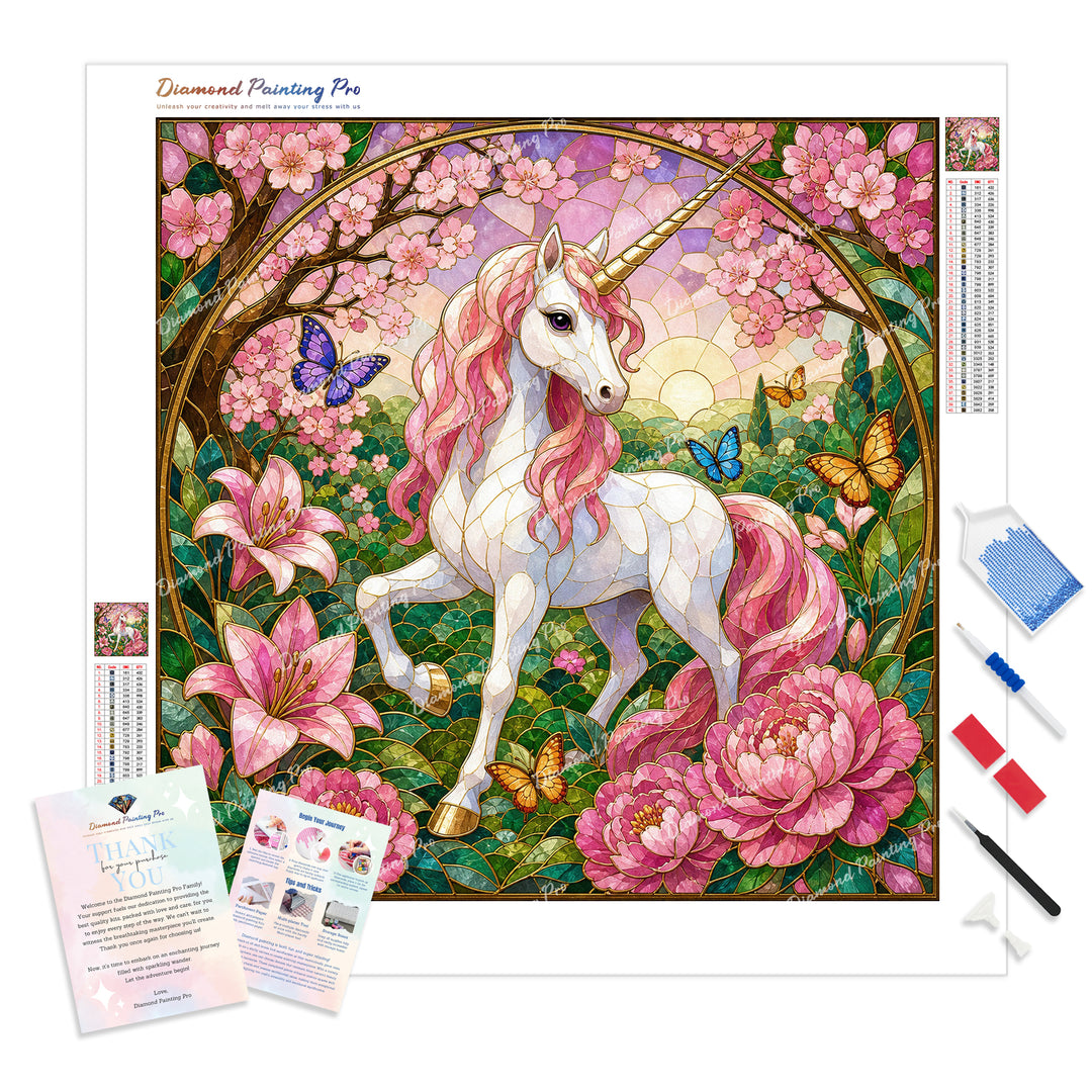 Unicorn in Rose Bloom Diamond Painting Kit - Full Drill / Square or Round Diamonds with AB Drills Option