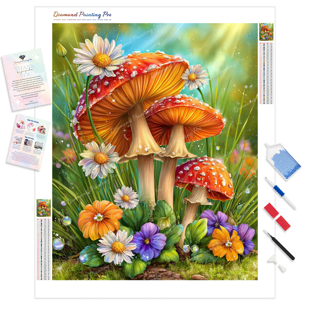 Vibrant Forest Mushrooms Diamond Painting Kit - Full Drill / Square or Round Diamonds with AB Drills Option