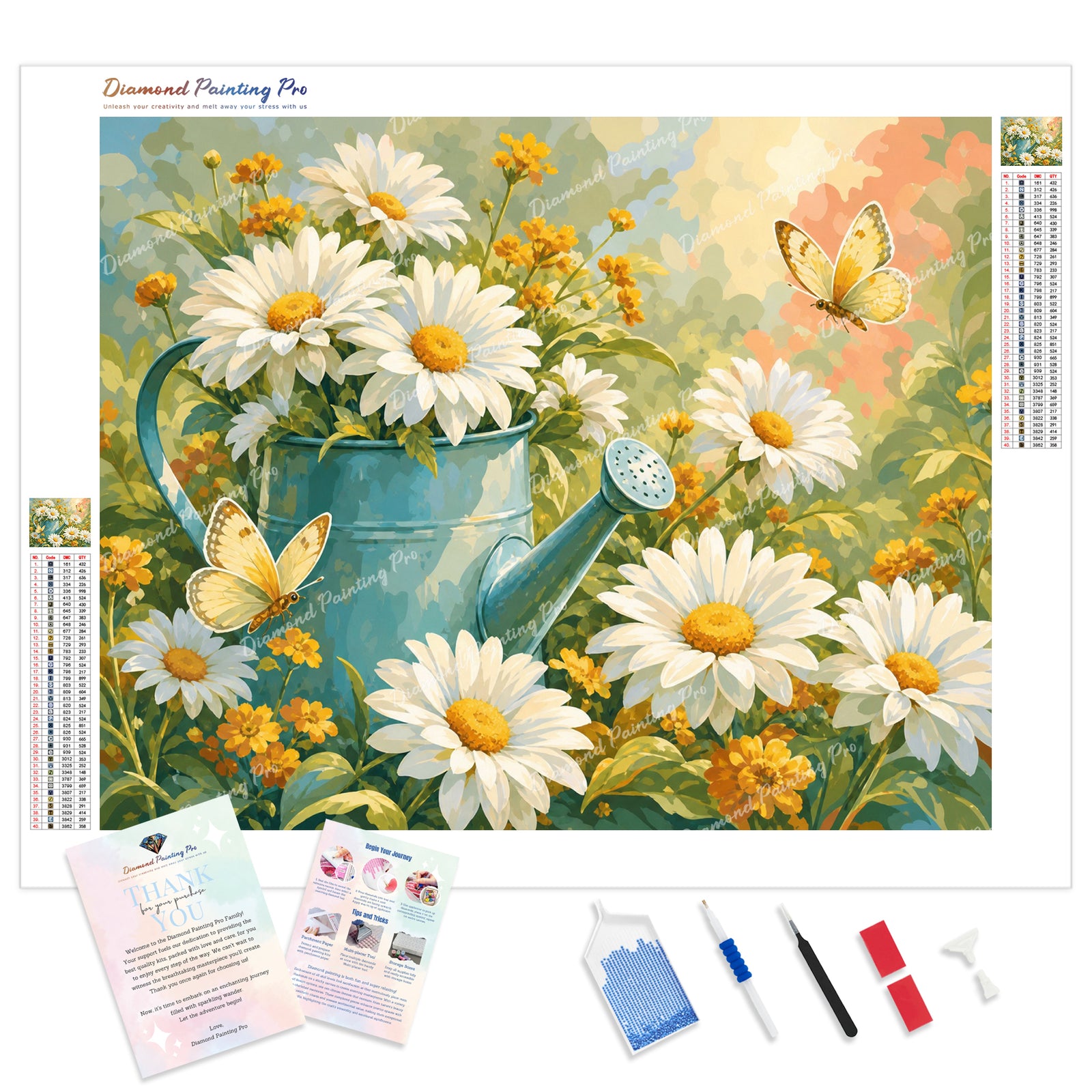 Watering Can and Daisies Diamond Painting Kit - Full Drill / Square or Round Diamonds with AB Drills Option