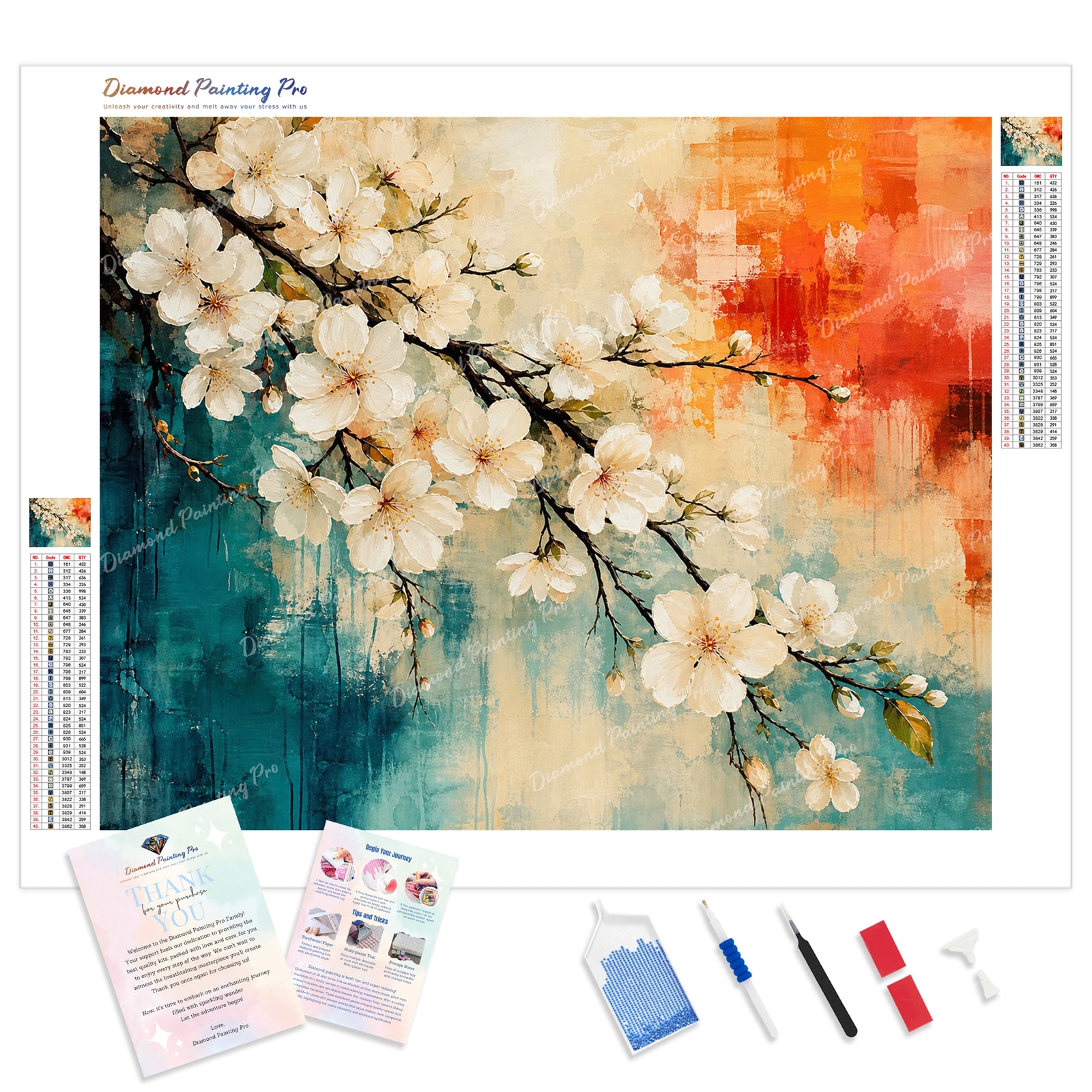 White Cherry Blossom Diamond Painting Kit - Full Drill / Square or Round Diamonds with AB Drills Option