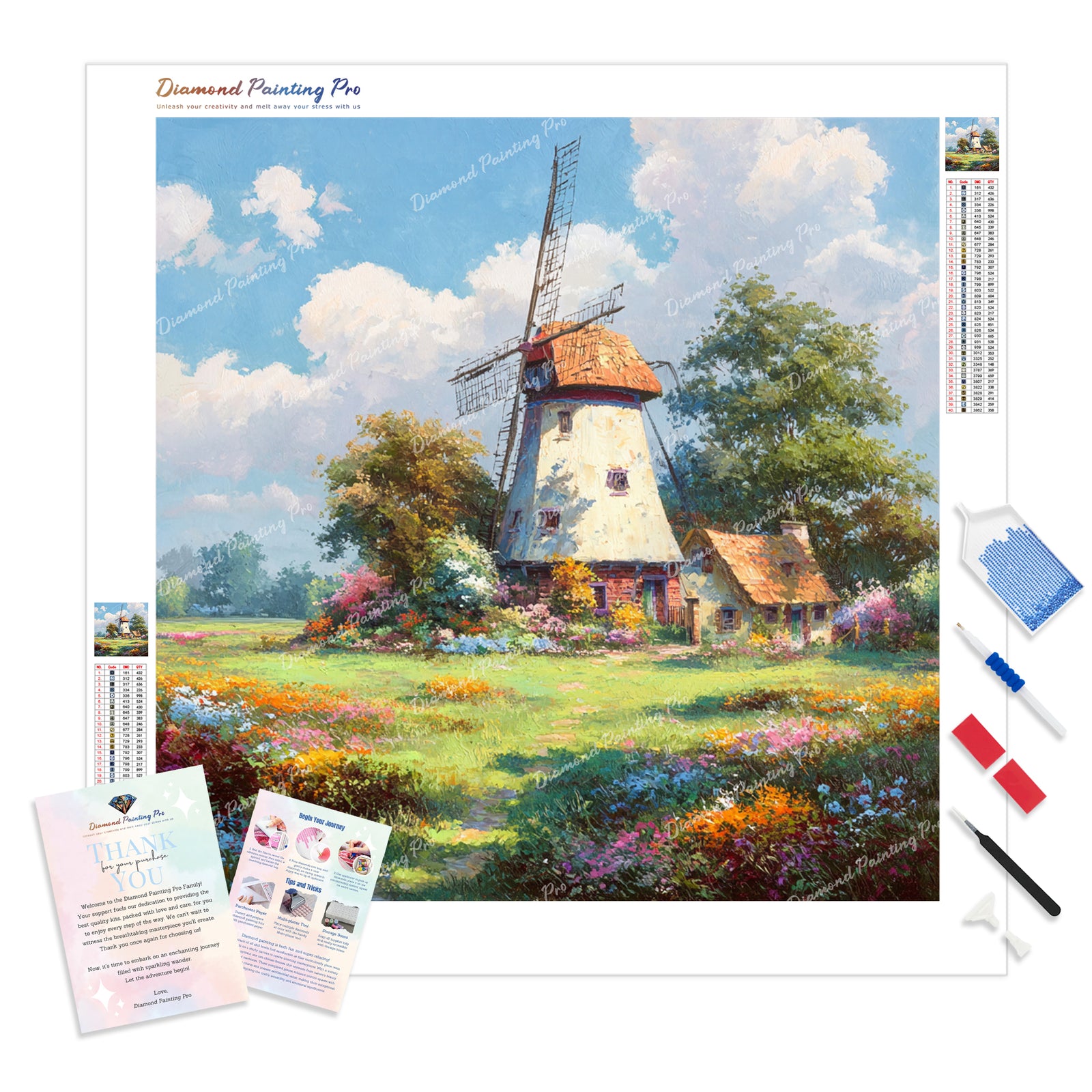 Windmill and Cottage Diamond Painting Kit - Full Drill / Square or Round Diamonds with AB Drills Option