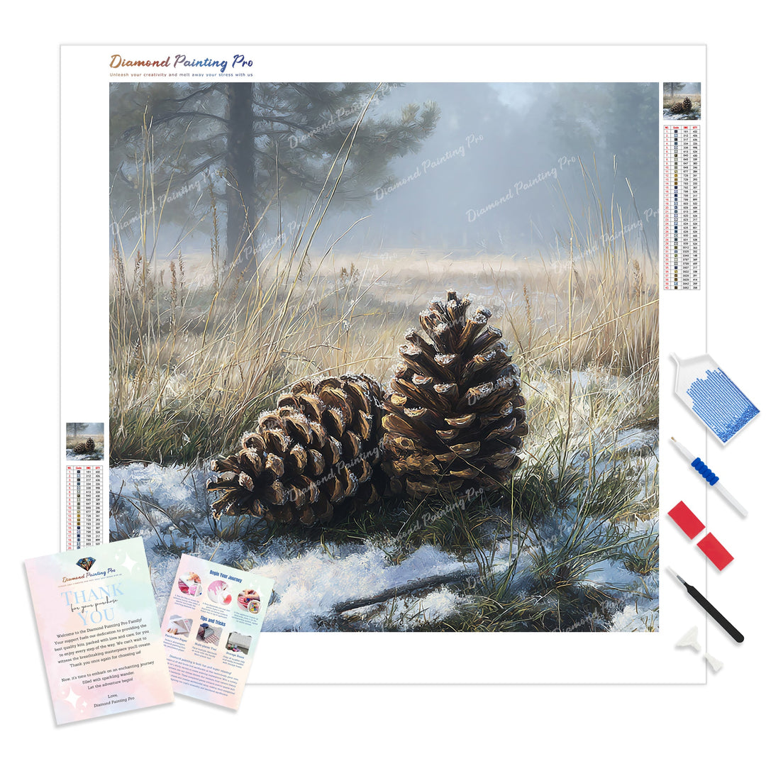 Winter Pine Cones Diamond Painting Kit - Full Drill / Square or Round Diamonds with AB Drills Option