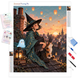 Witch on Rooftops Diamond Painting Kit - Full Drill / Square or Round Diamonds with AB Drills Option
