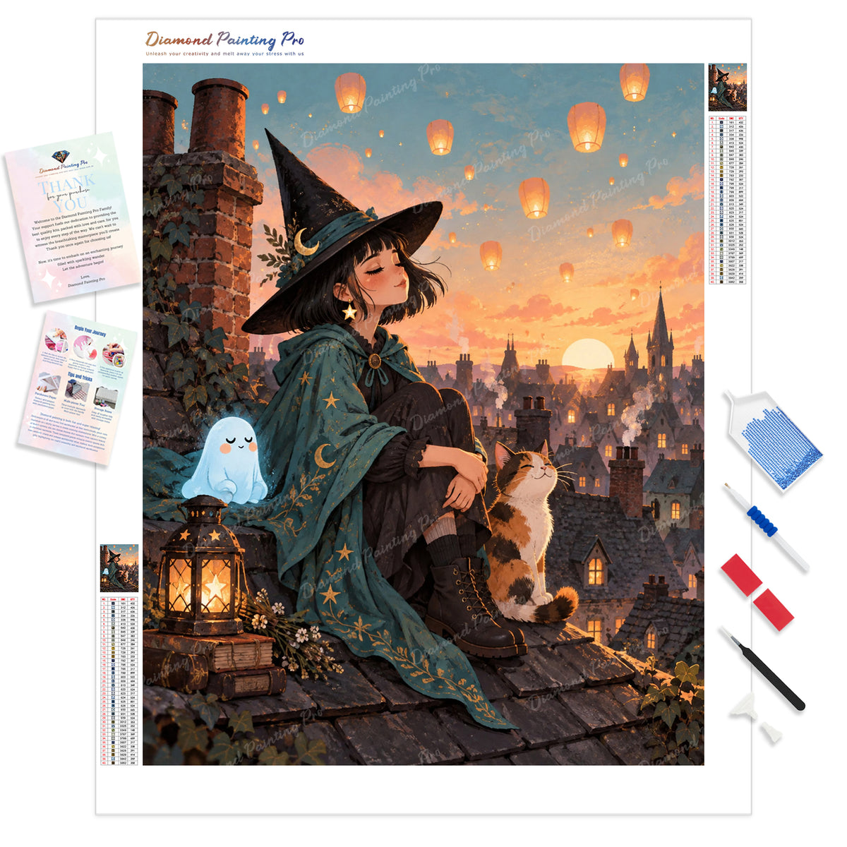 Witch on Rooftops Diamond Painting Kit - Full Drill / Square or Round Diamonds with AB Drills Option