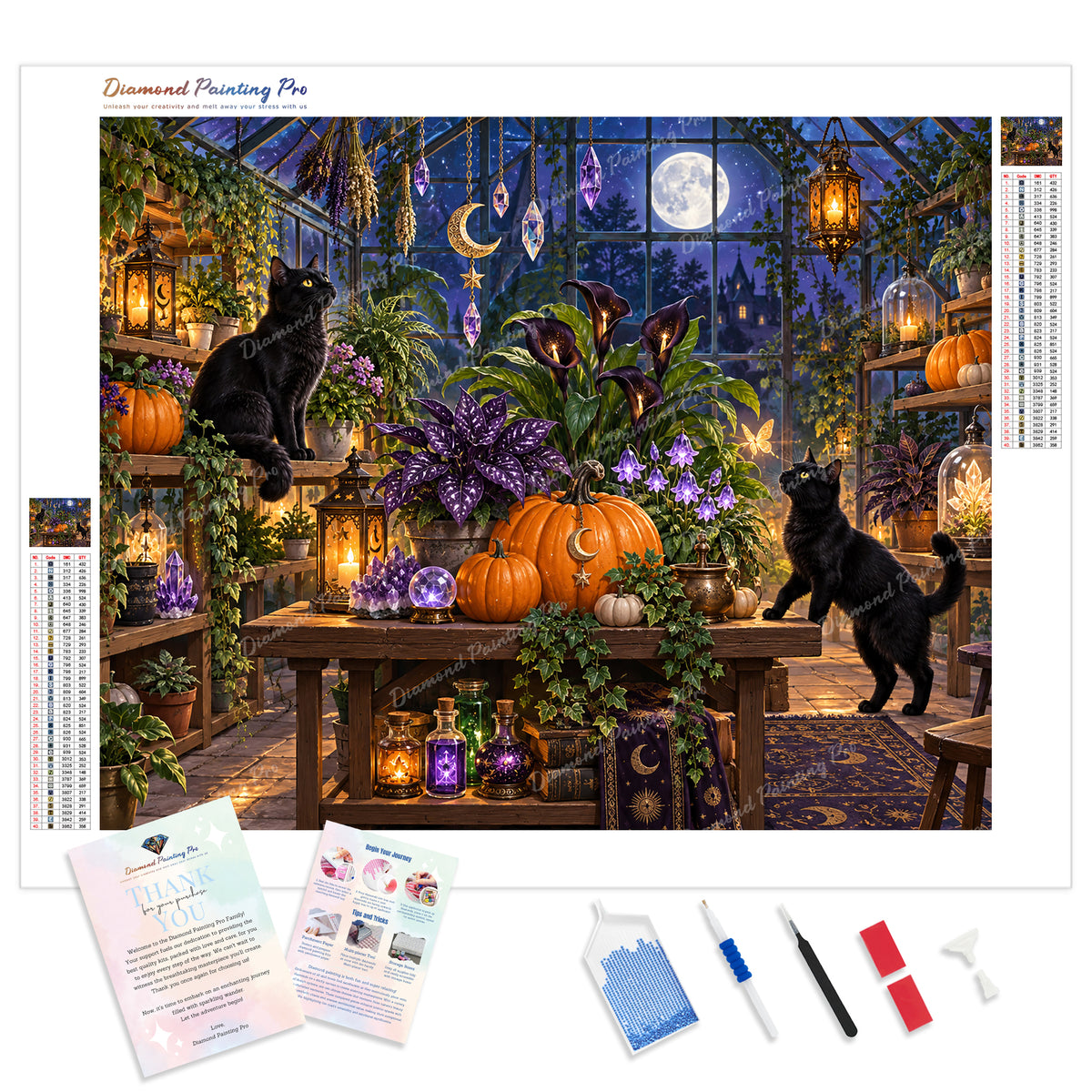 Witchy Greenhouse Cats Diamond Painting Kit - Full Drill / Square or Round Diamonds with AB Drills Option