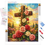 Wooden Cross with Roses Diamond Painting Kit - Full Drill / Square or Round Diamonds with AB Drills Option