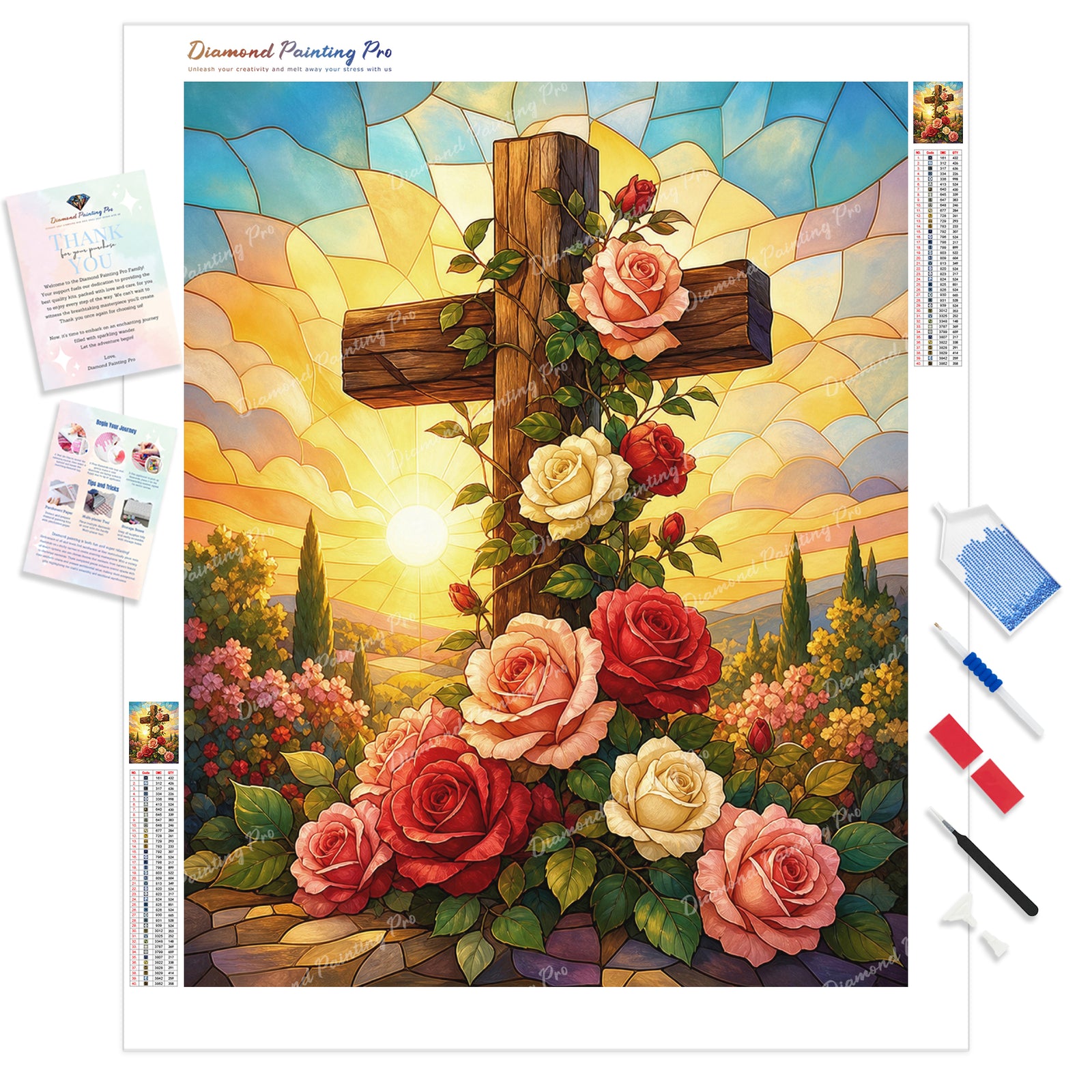 Wooden Cross with Roses Diamond Painting Kit - Full Drill / Square or Round Diamonds with AB Drills Option