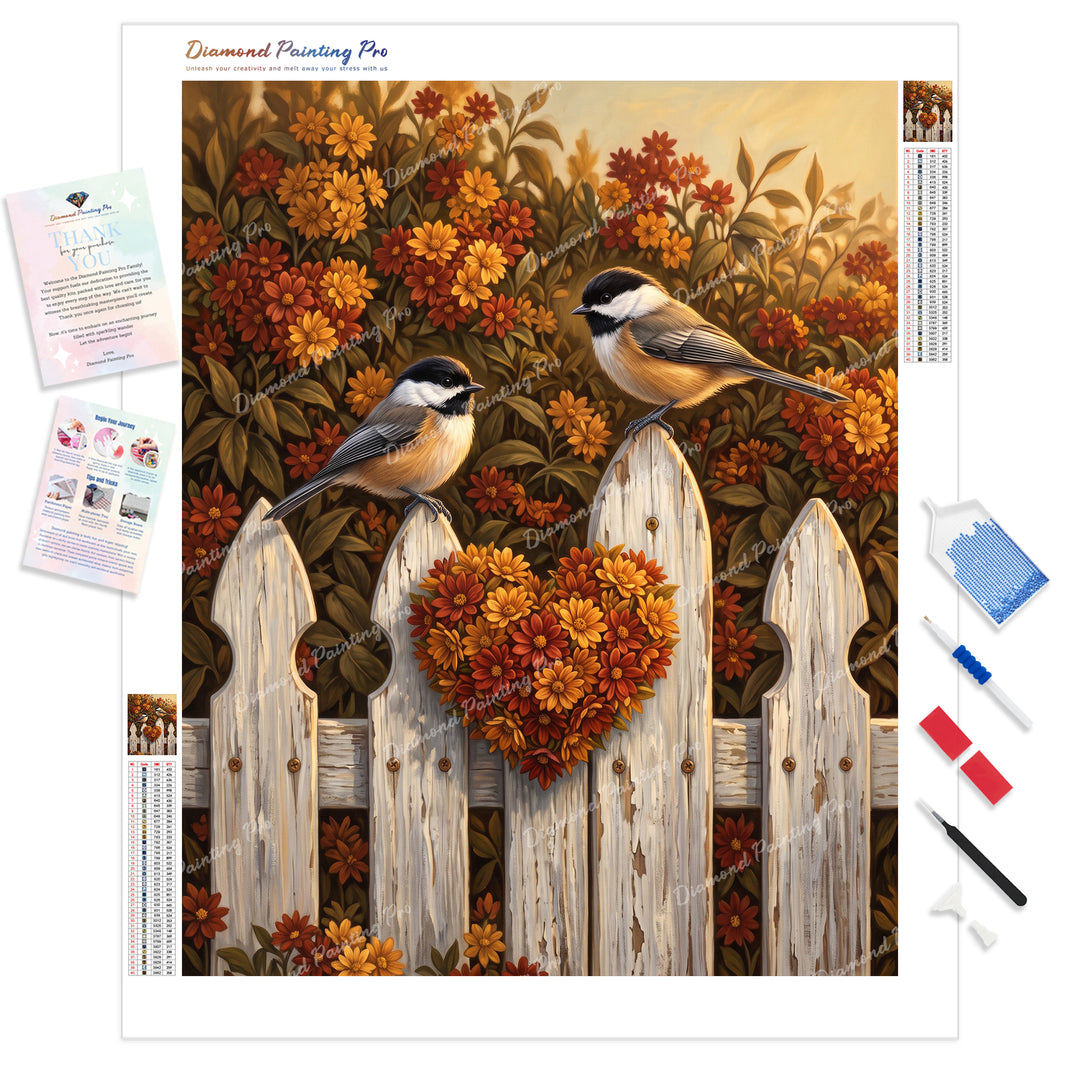 Wooden Fence Chickadees Diamond Painting Kit - Full Drill / Square or Round Diamonds with AB Drills Option
