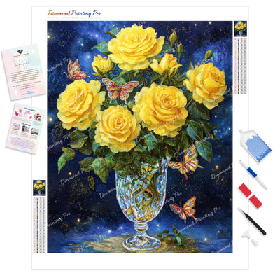 Yellow Roses and Butterflies Diamond Painting Kit - Full Drill / Square or Round Diamonds with AB Drills Option