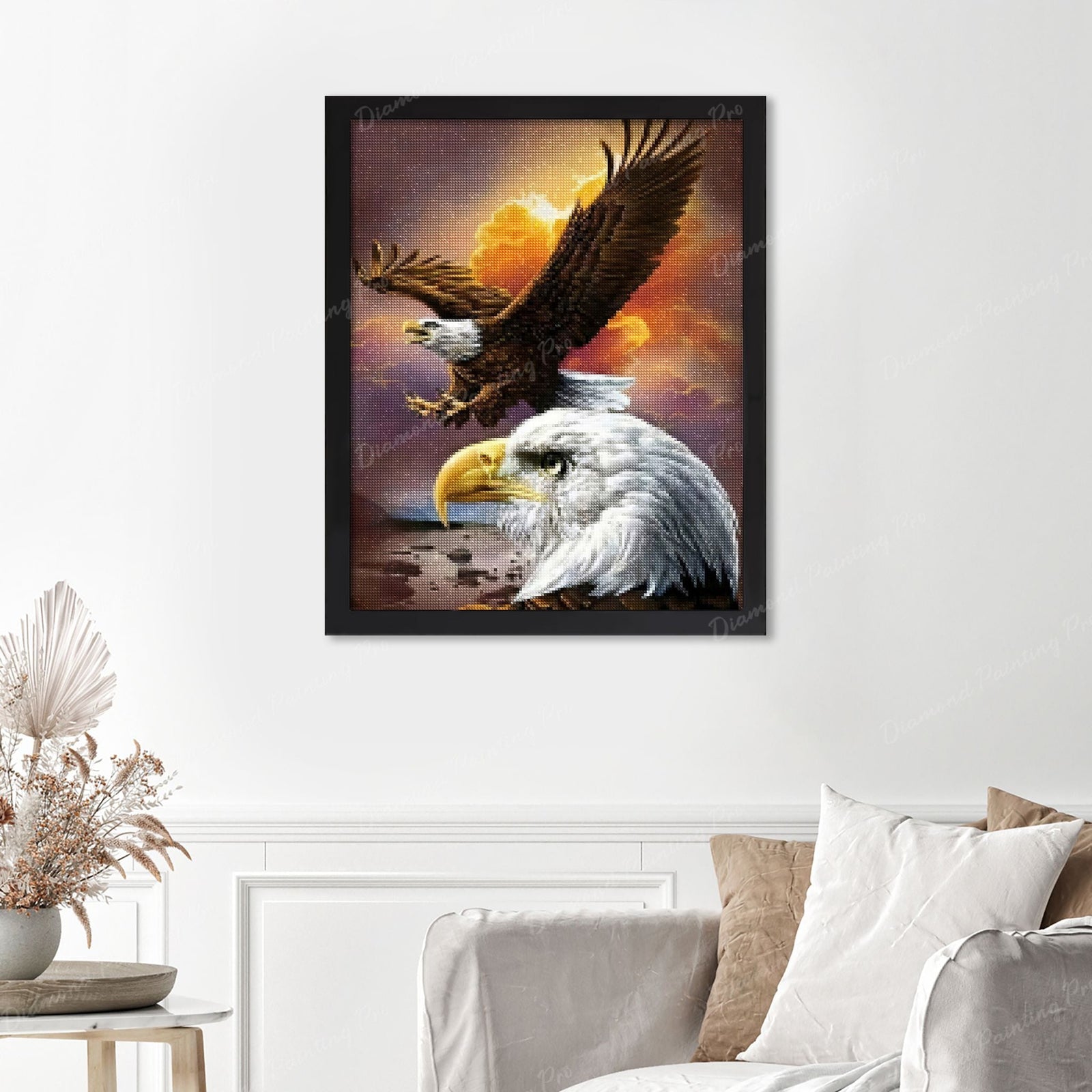 American Flying Eagle Finished Diamond Painting Displayed with Black Frame as Home Decor