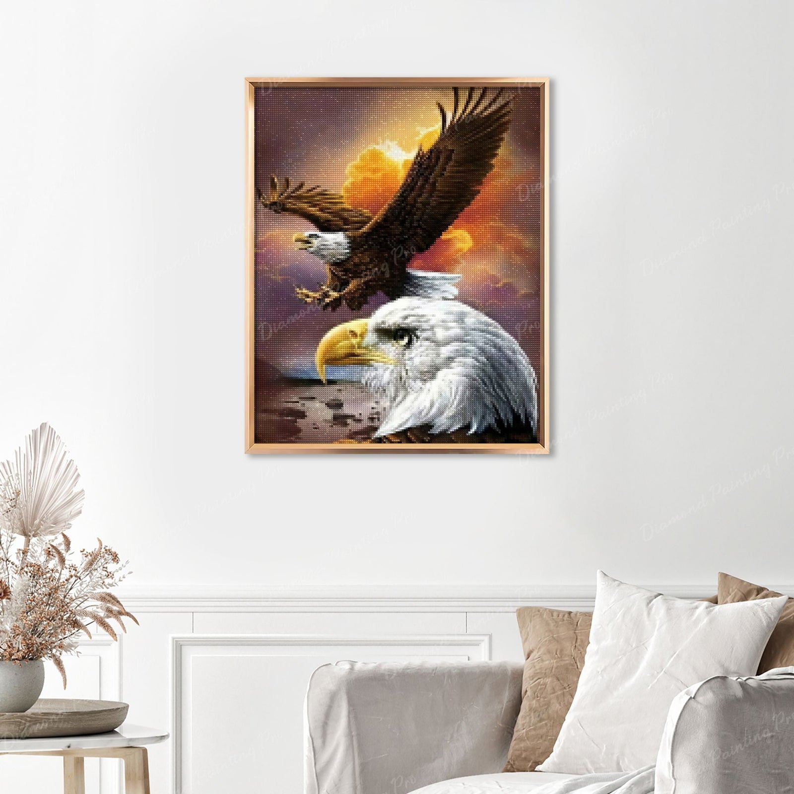 American Flying Eagle Finished Diamond Painting Displayed with Gold Frame as Home Decor