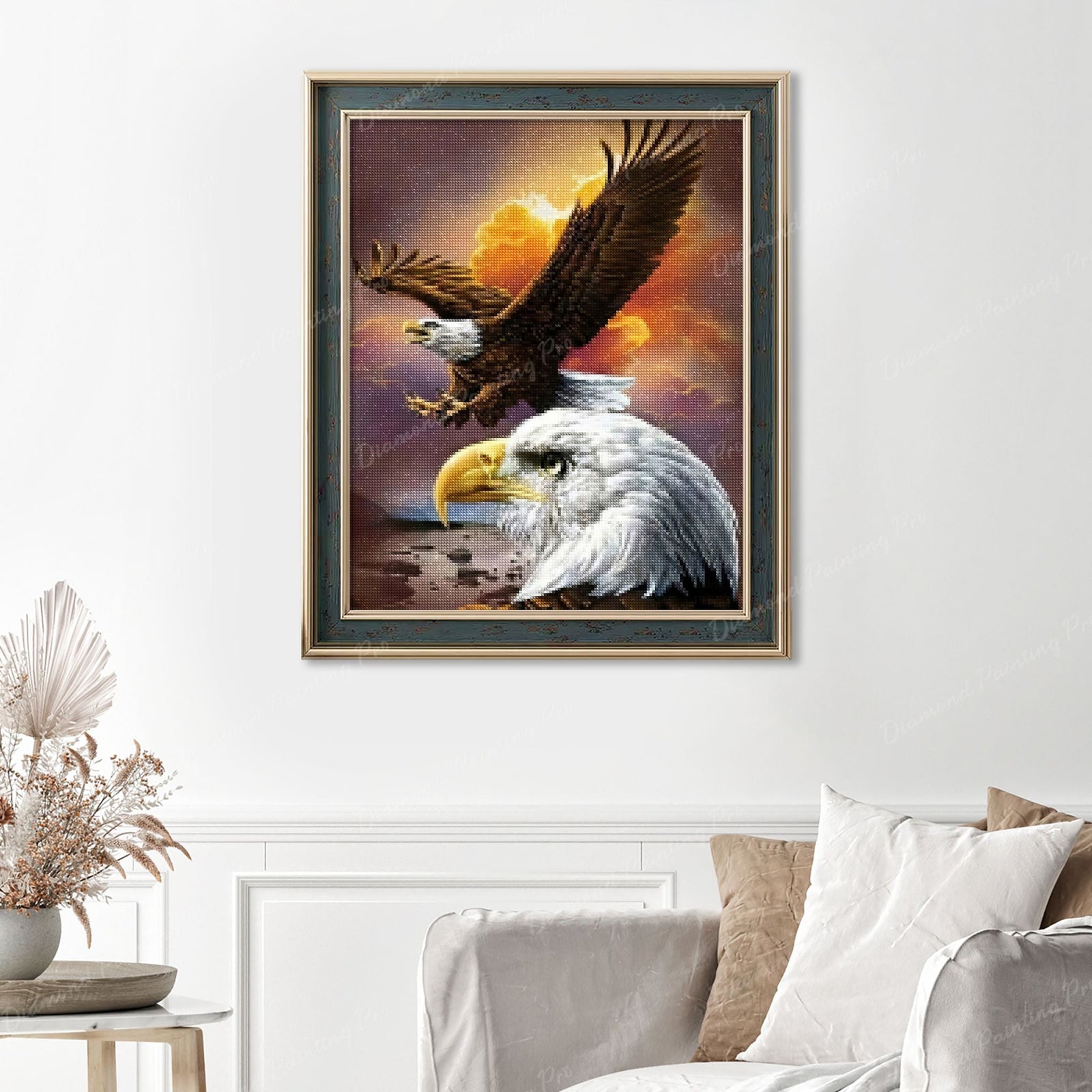 American Flying Eagle Finished Diamond Painting Displayed with Vintage Frame as Home Decor