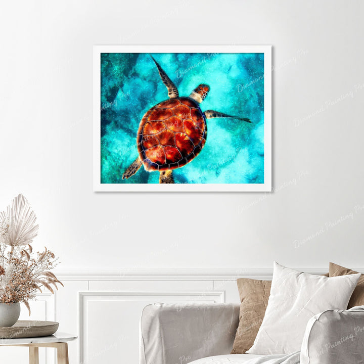 Sea Turtle Finished Diamond Painting Displayed with White Frame as Home Decor