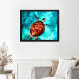 Sea Turtle Finished Diamond Painting Displayed with Black Frame as Home Decor