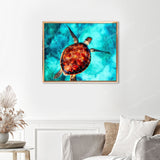 Sea Turtle Finished Diamond Painting Displayed with Gold Frame as Home Decor