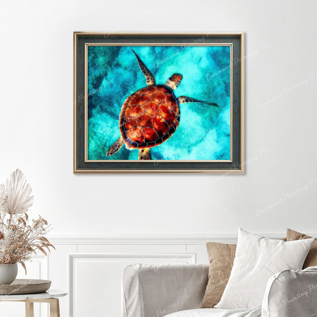 Sea Turtle Finished Diamond Painting Displayed with Vintage Frame as Home Decor