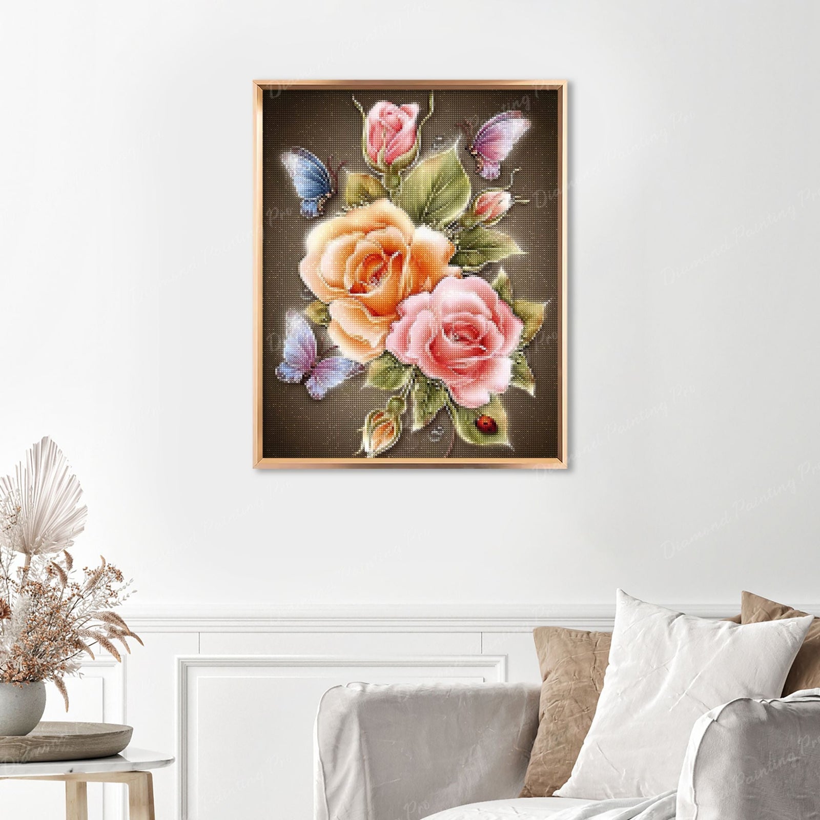 Butterfly on Rose Finished Diamond Painting Displayed with Gold Frame as Home Decor