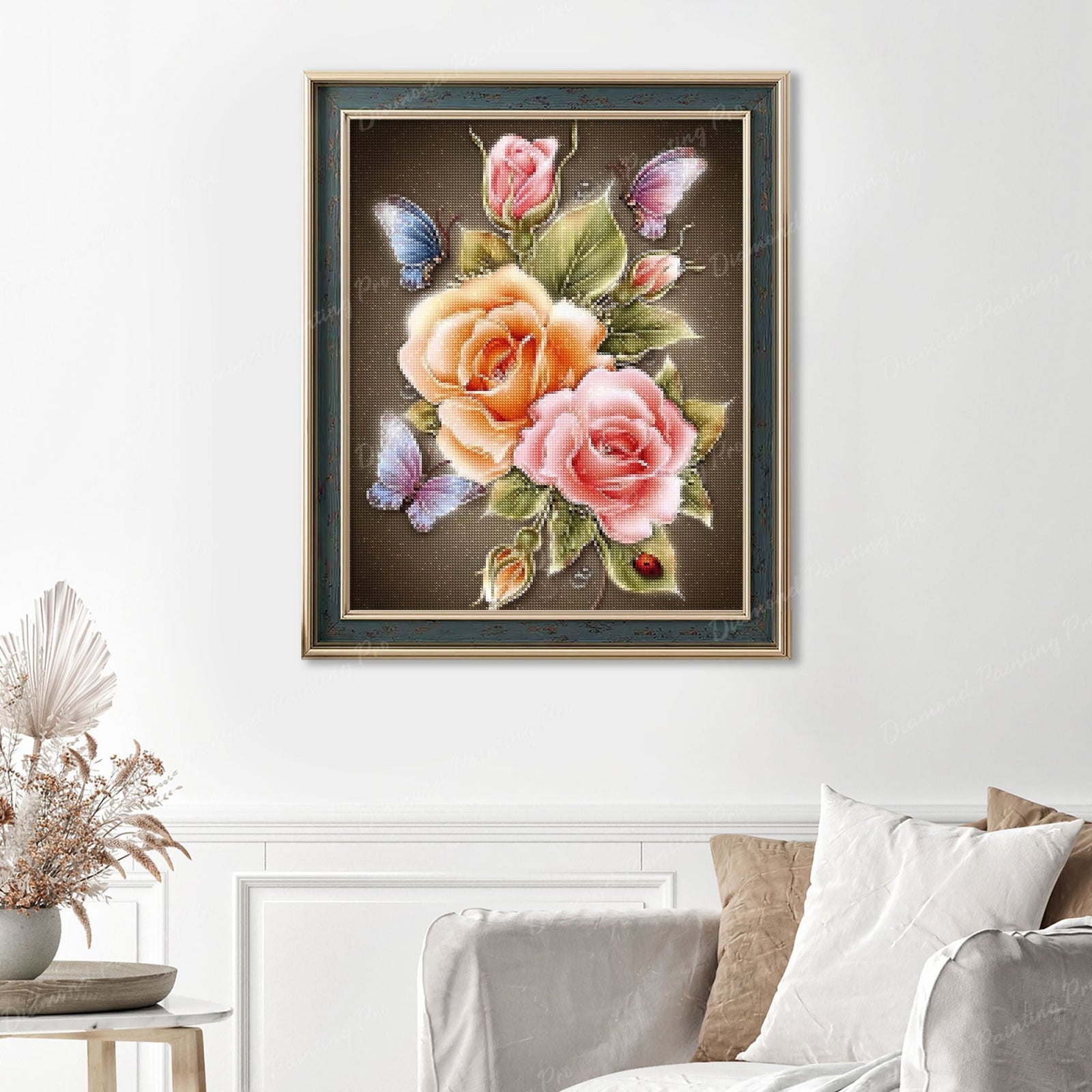 Butterfly on Rose Finished Diamond Painting Displayed with Vintage Frame as Home Decor