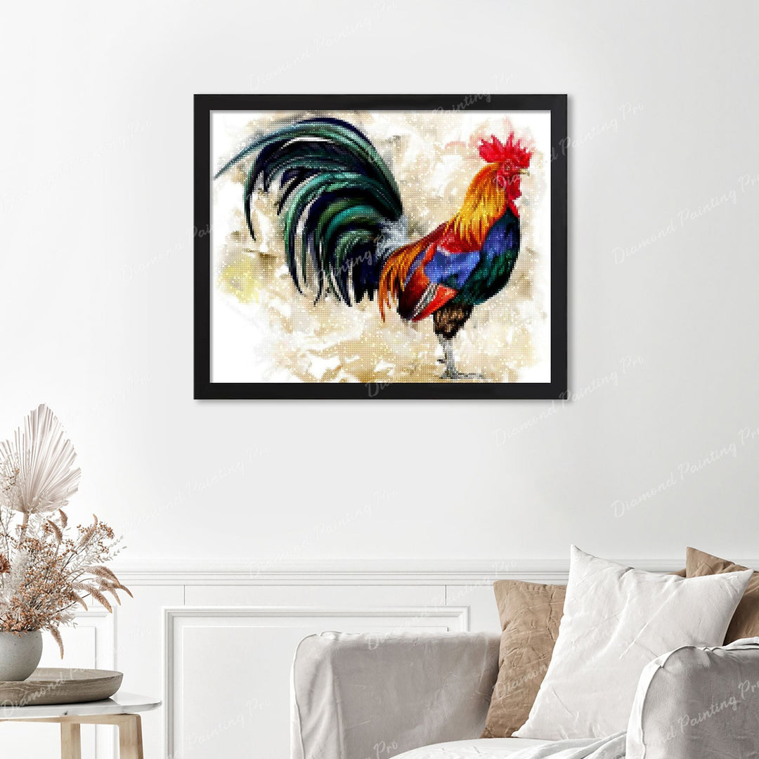 Rooster Finished Diamond Painting Displayed with Black Frame as Home Decor