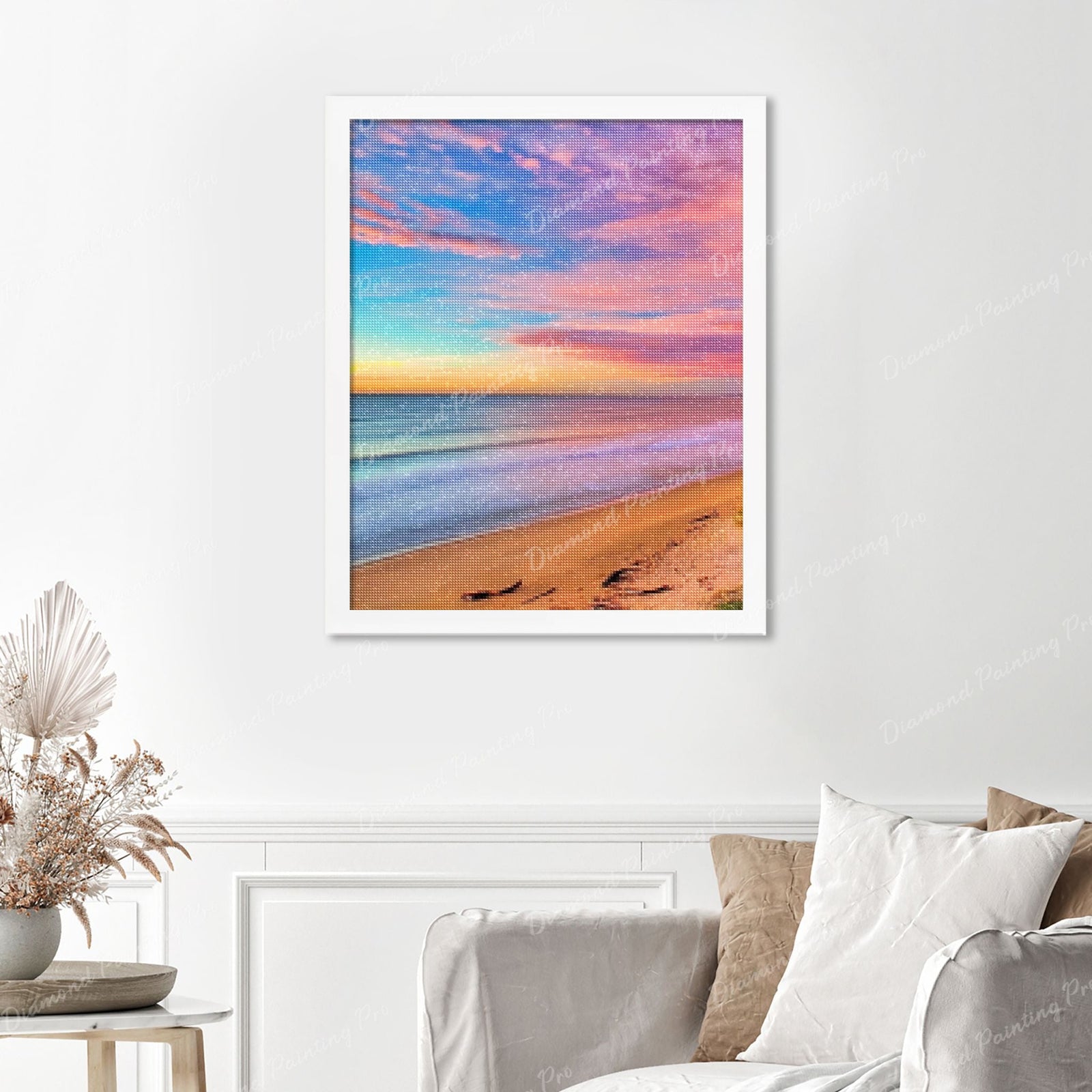 Colorful Beach Sky Finished Diamond Painting Displayed with White Frame as Home Decor