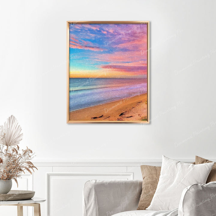 Colorful Beach Sky Finished Diamond Painting Displayed with Gold Frame as Home Decor