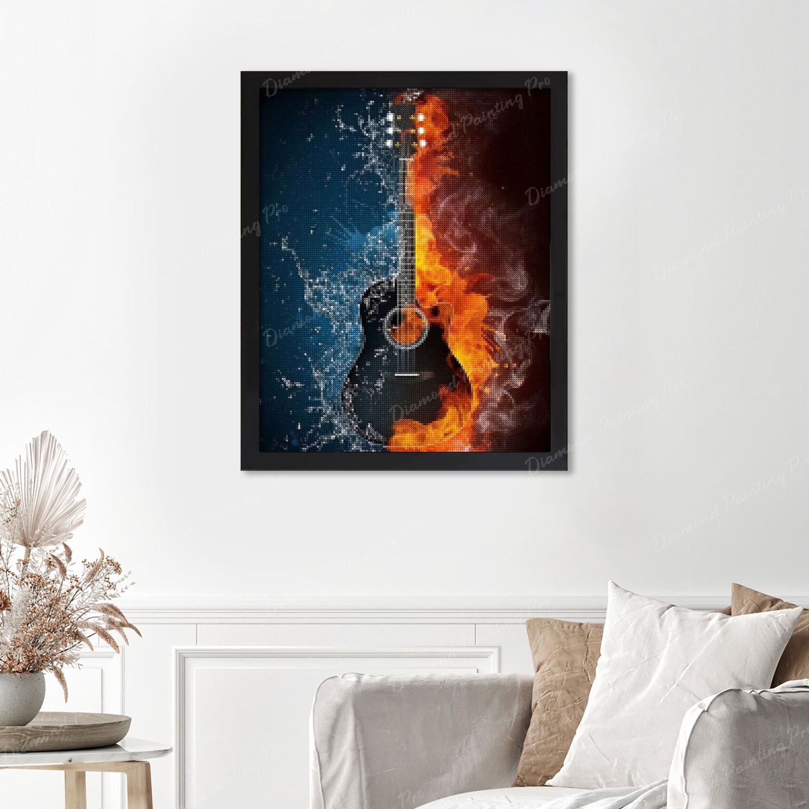 Fire & Water Guitar Finished Diamond Painting Displayed with Black Frame as Home Decor