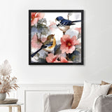 Two Birds on the Flower Branch Finished Diamond Painting Displayed with Black Frame as Home Decor