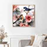 Two Birds on the Flower Branch Finished Diamond Painting Displayed with Gold Frame as Home Decor