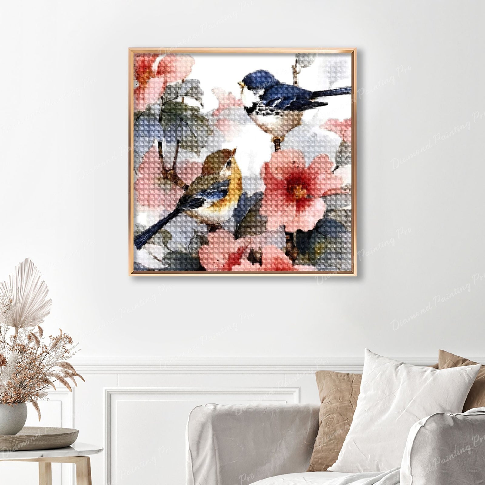 Two Birds on the Flower Branch Finished Diamond Painting Displayed with Gold Frame as Home Decor