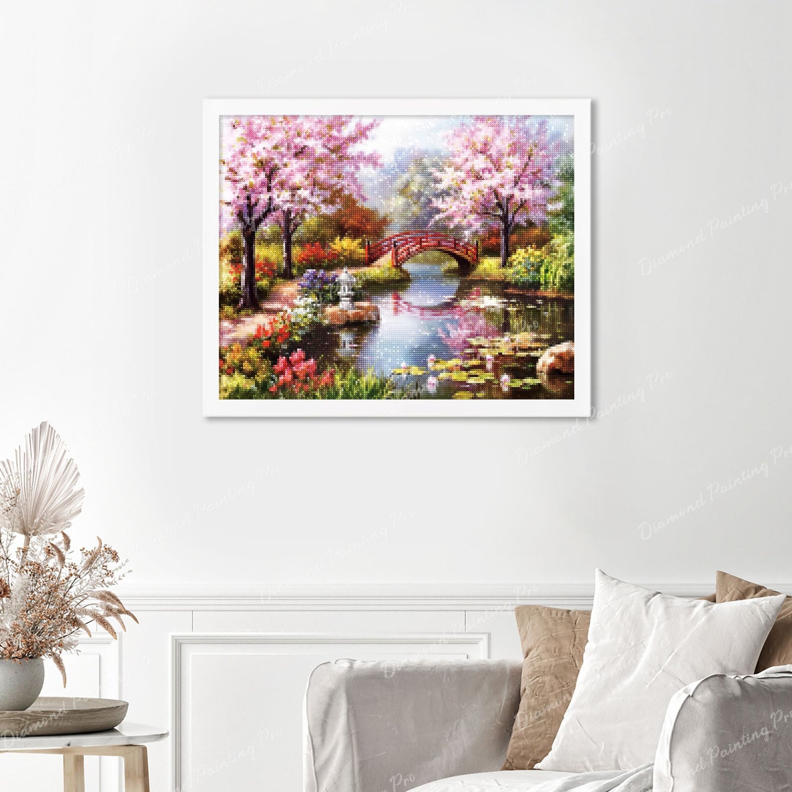 Japanese Garden Finished Diamond Painting Displayed with White Frame as Home Decor