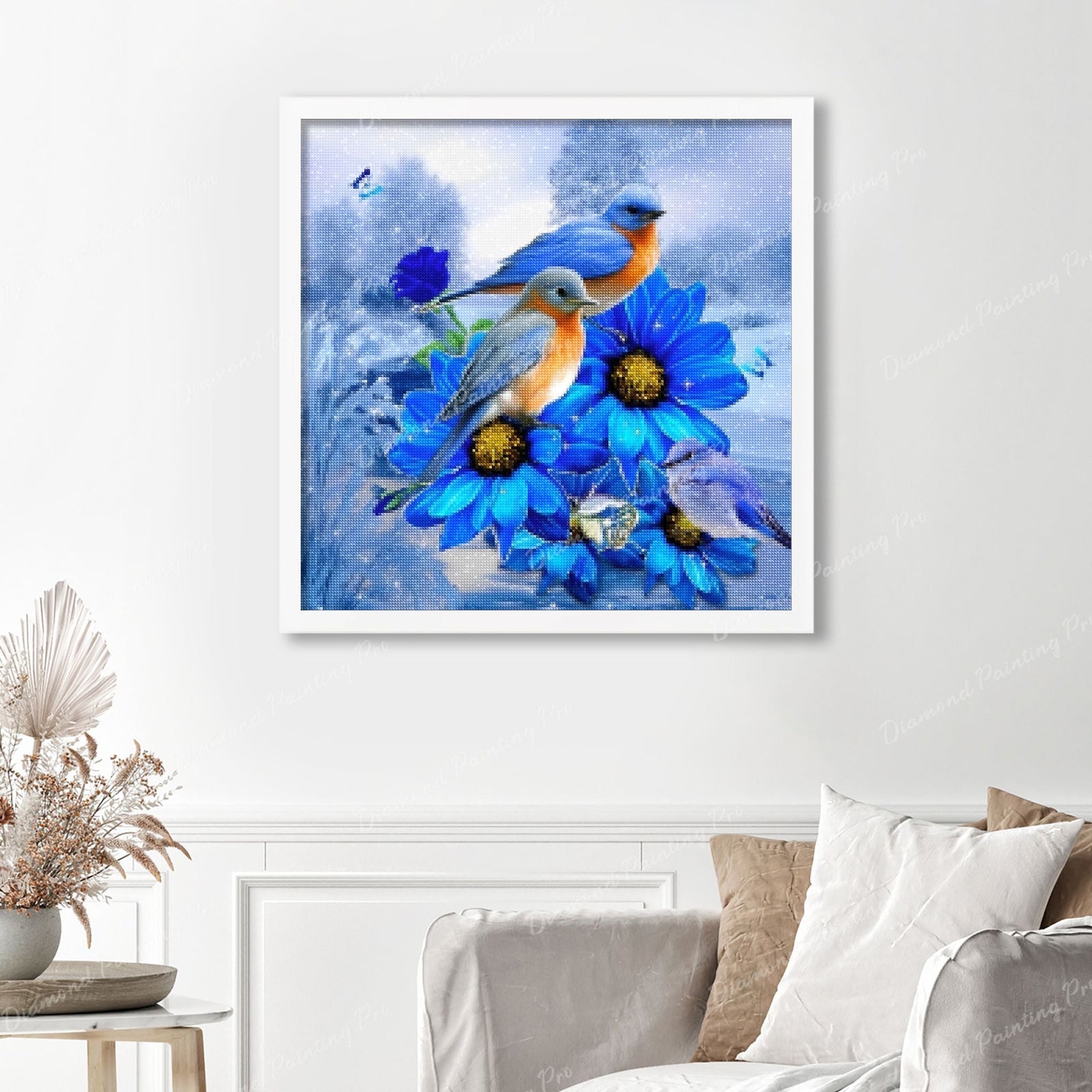 Winter Birds On The Blue Flowers Finished Diamond Painting Displayed with White Frame as Home Decor