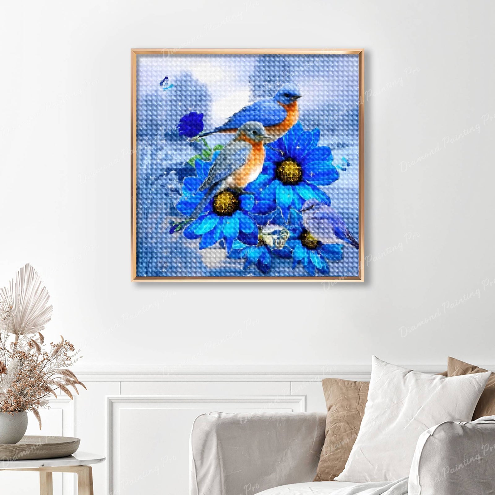 Winter Birds On The Blue Flowers Finished Diamond Painting Displayed with Gold Frame as Home Decor