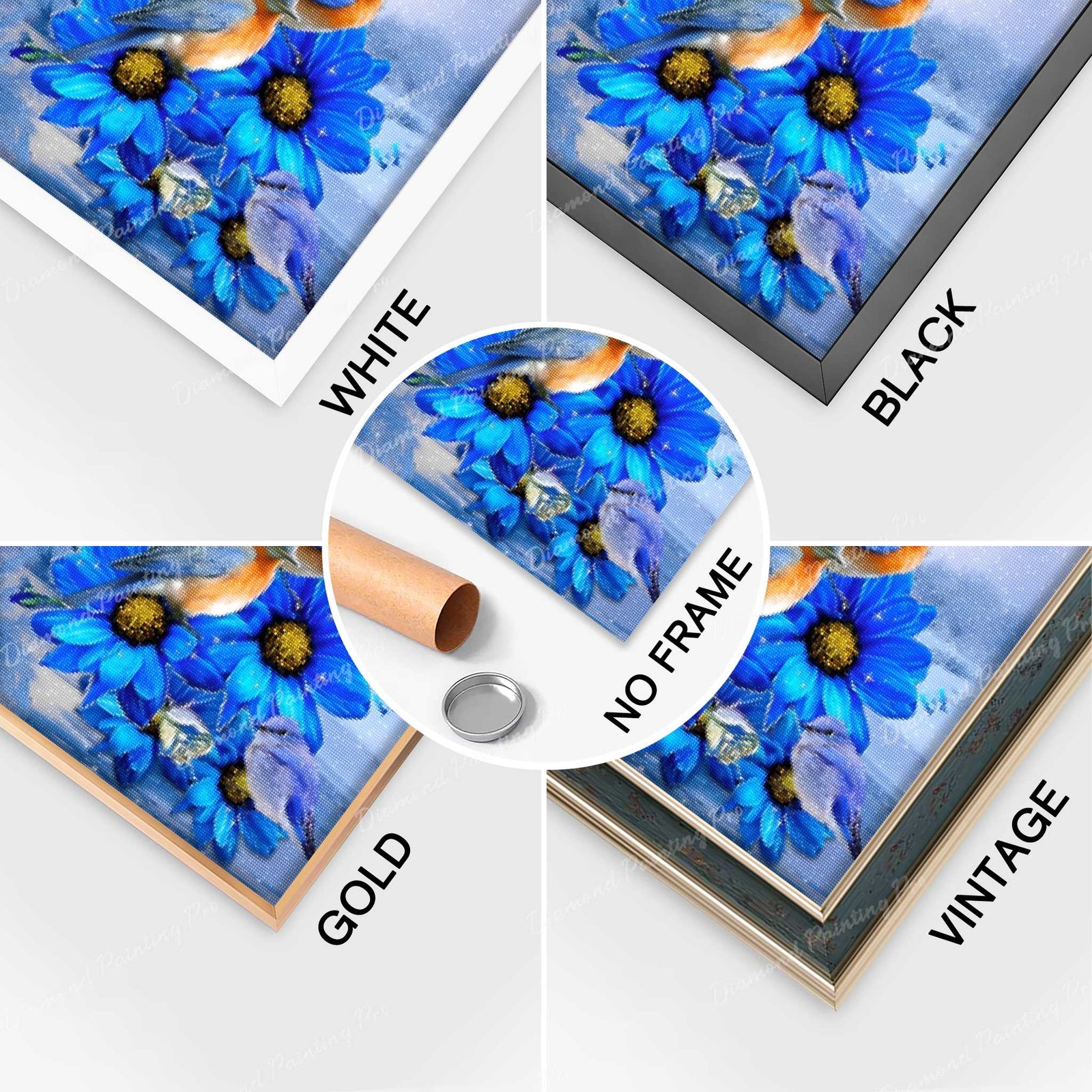 Completed Diamond Art of Winter Birds On The Blue Flowers with Multiple Frame Options