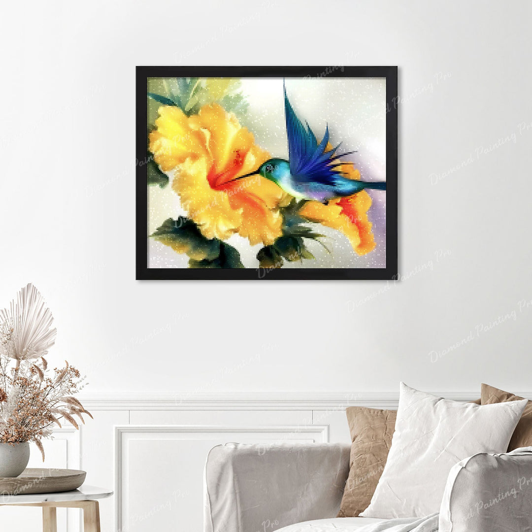 Hummingbird Finished Diamond Painting Displayed with Black Frame as Home Decor