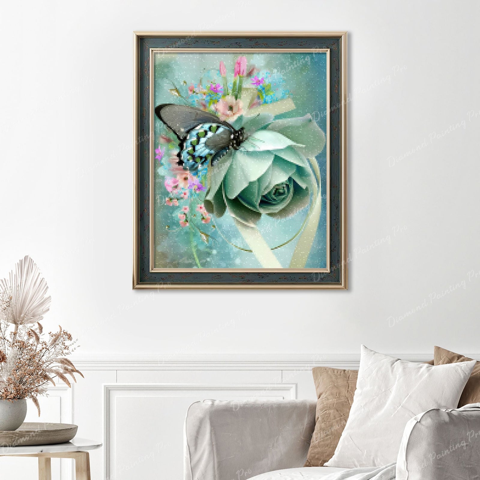 Butterfly on Rose Finished Diamond Painting Displayed with Vintage Frame as Home Decor