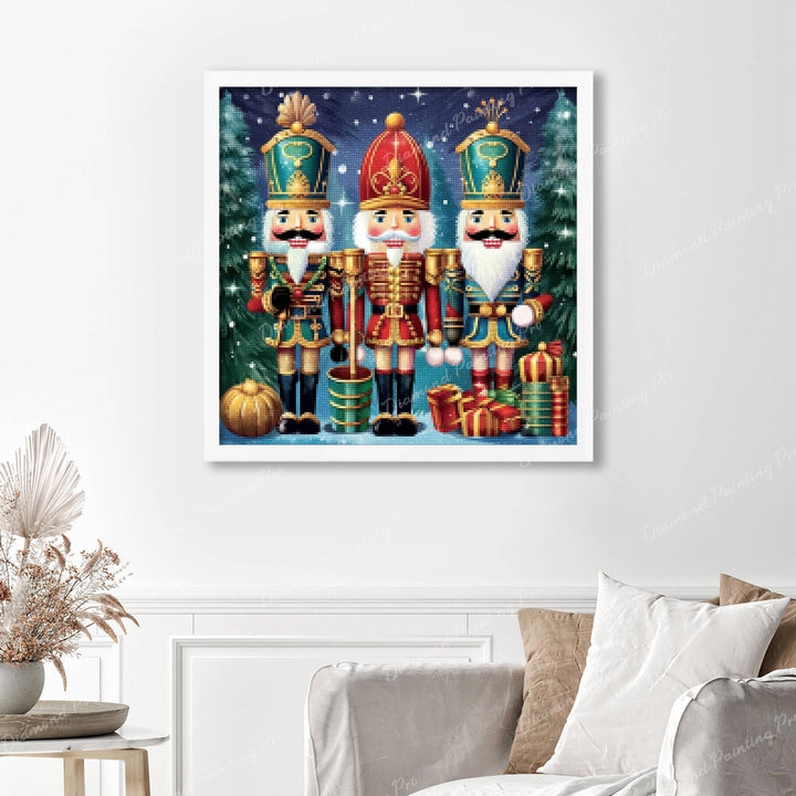 Nutcracker Trio Finished Diamond Painting Displayed with White Frame as Home Decor