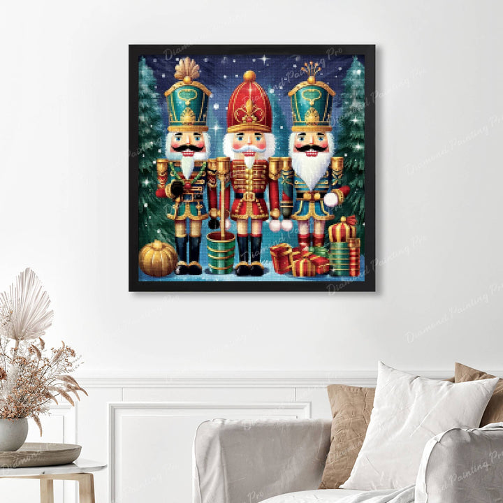 Nutcracker Trio Finished Diamond Painting Displayed with Black Frame as Home Decor