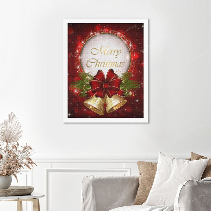 The Christmas Bell Finished Diamond Painting Displayed with White Frame as Home Decor