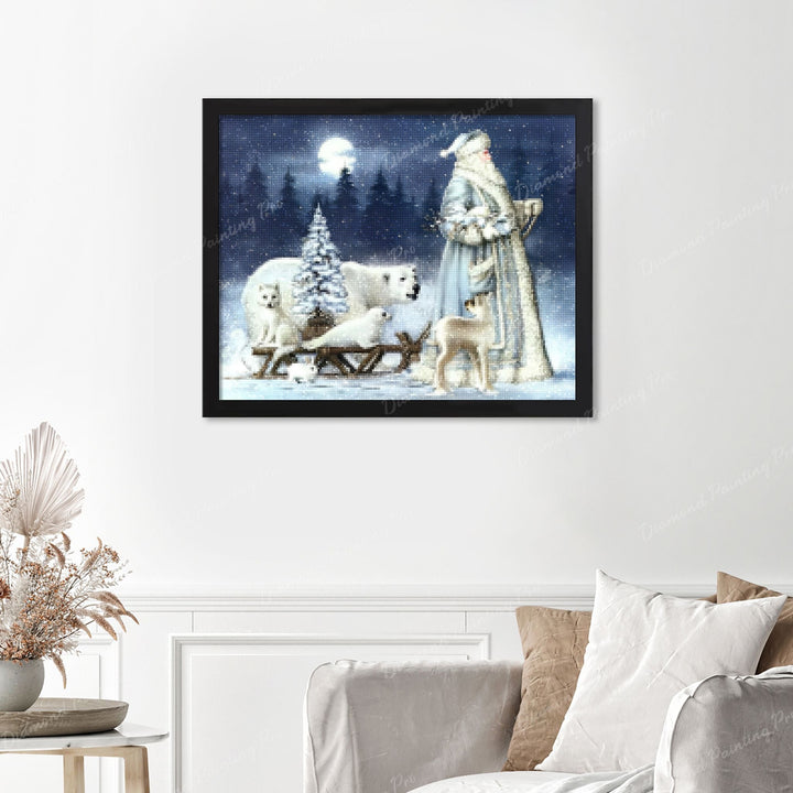 Santa Claus at Arctic Finished Diamond Painting Displayed with Black Frame as Home Decor