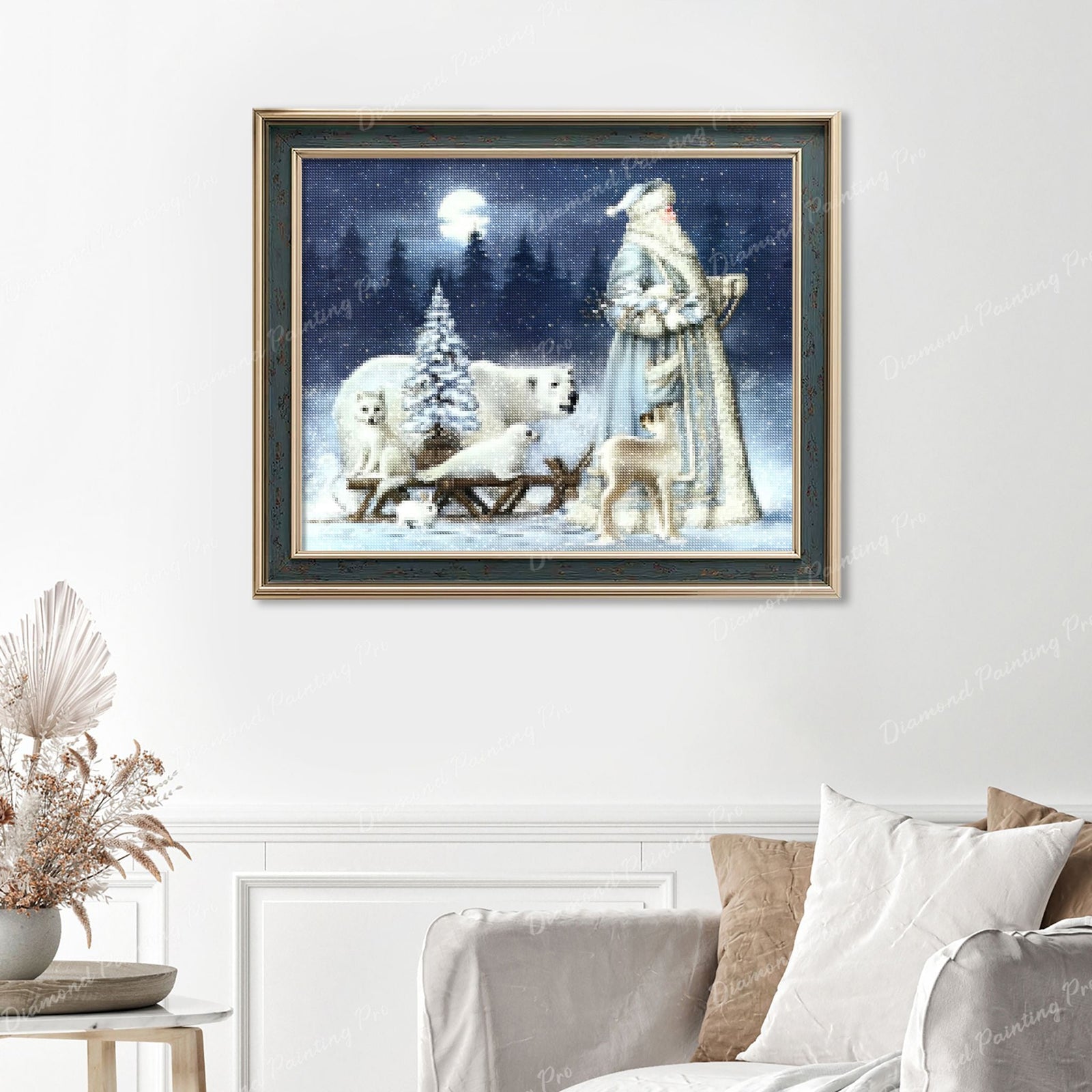 Santa Claus at Arctic Finished Diamond Painting Displayed with Vintage Frame as Home Decor