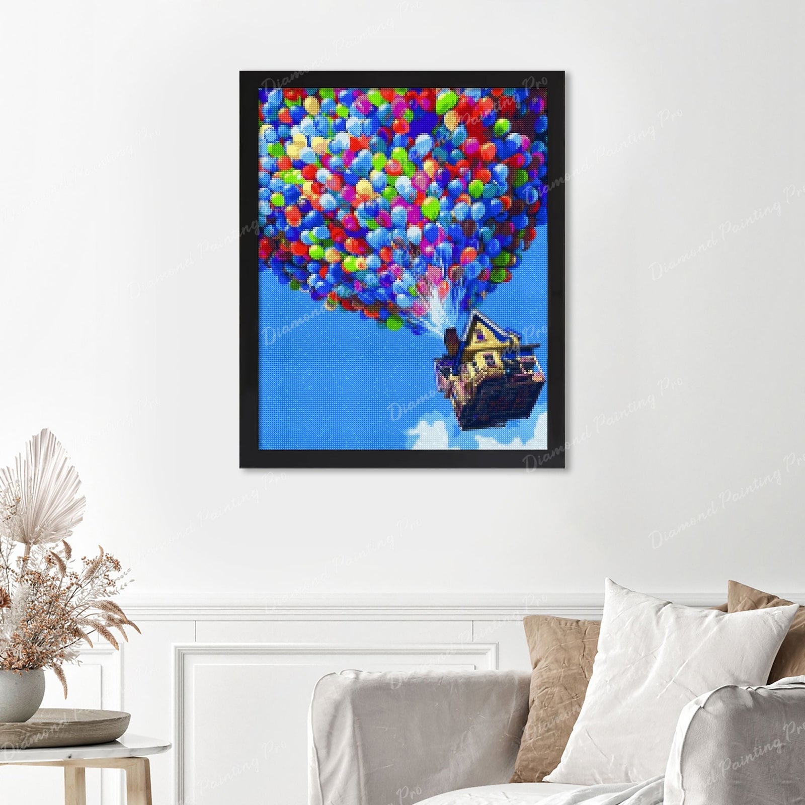 Flying House Finished Diamond Painting Displayed with Black Frame as Home Decor