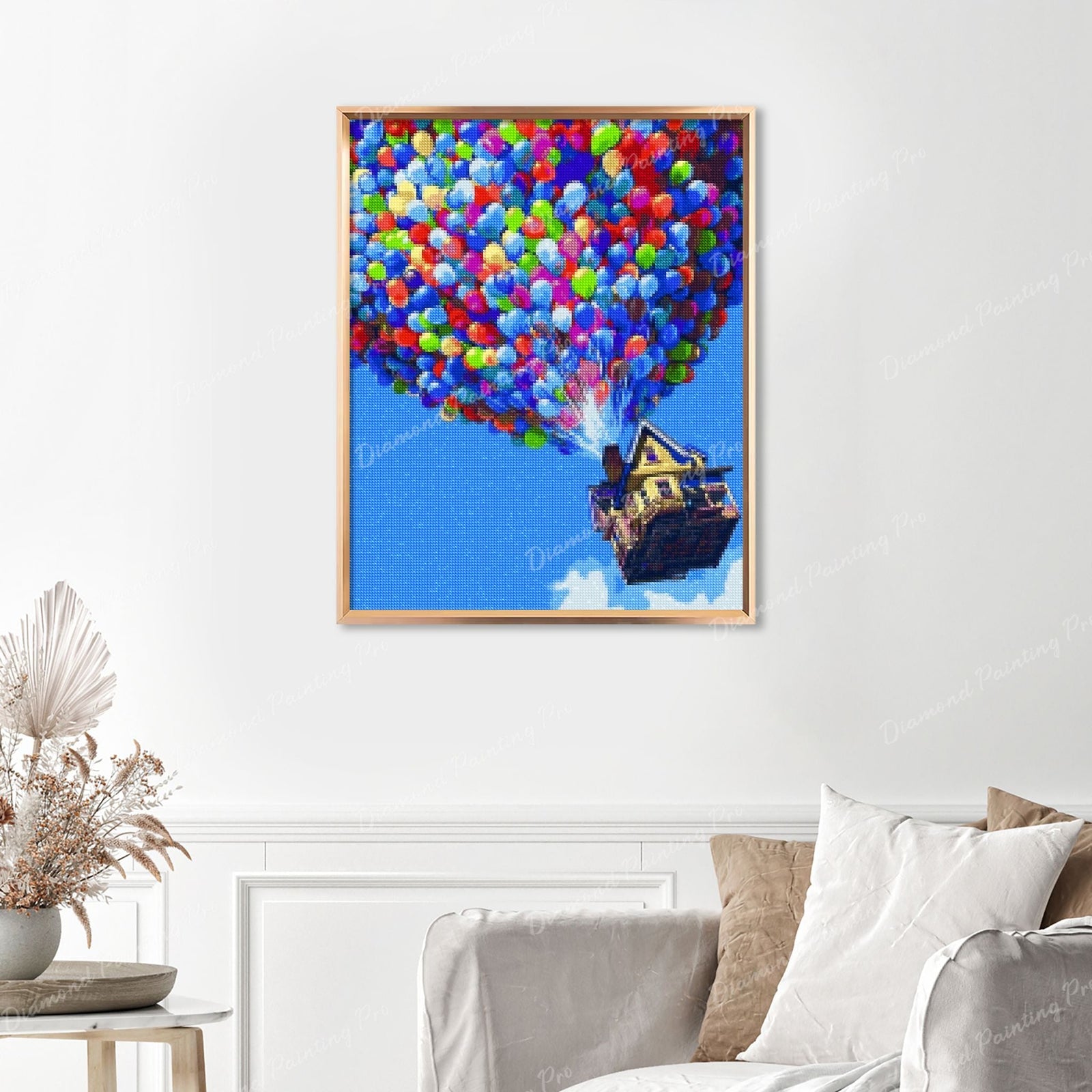 Flying House Finished Diamond Painting Displayed with Gold Frame as Home Decor