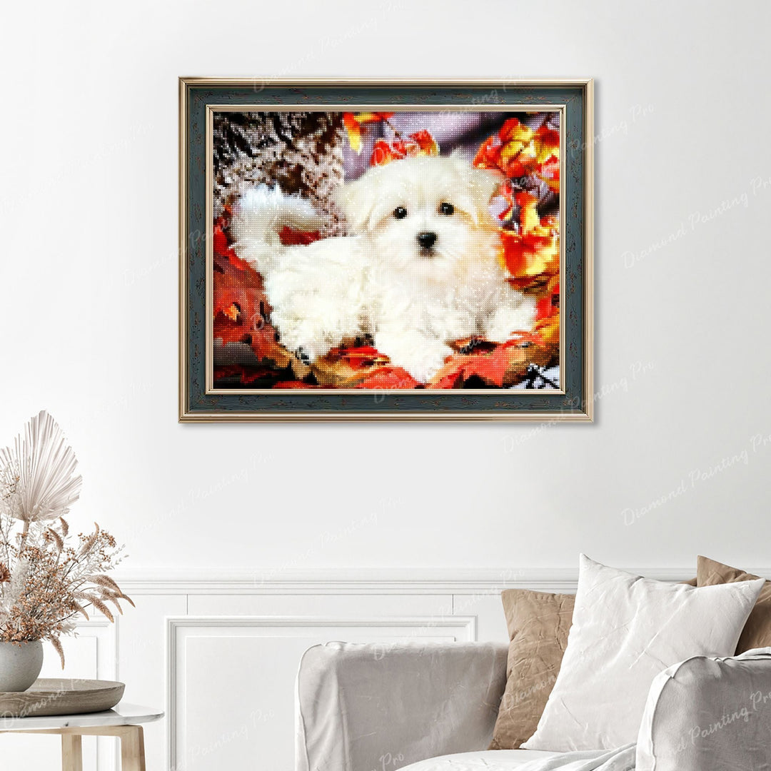 Oscar the Dog Finished Diamond Painting Displayed with Vintage Frame as Home Decor